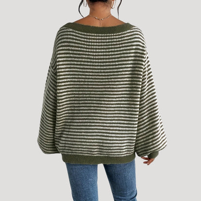 Pull Femme Élégant à Rayures et Col Bateau – Maille Oversize