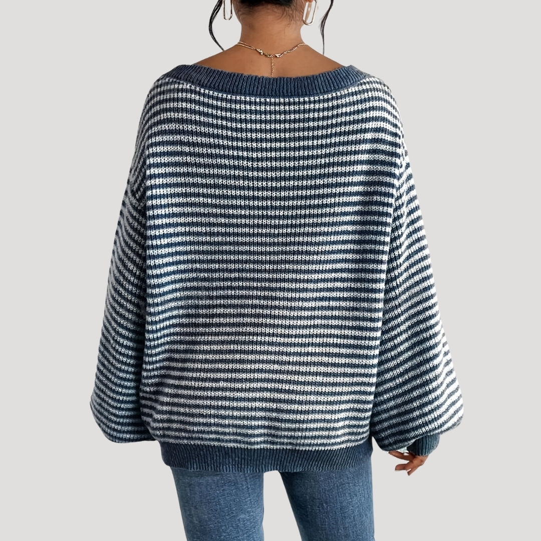 Pull Femme Élégant à Rayures et Col Bateau – Maille Oversize