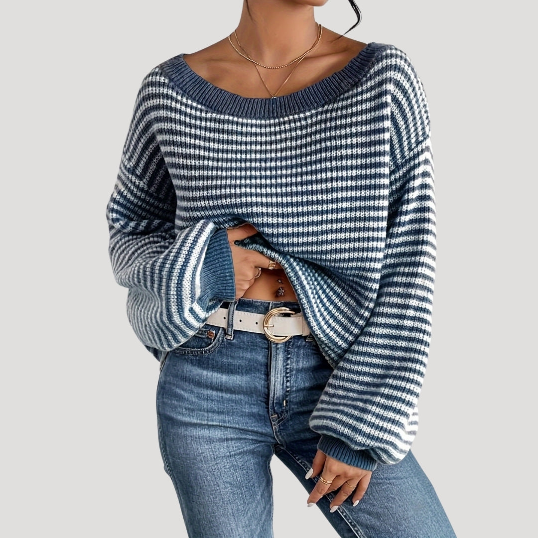Pull Femme Élégant à Rayures et Col Bateau – Maille Oversize