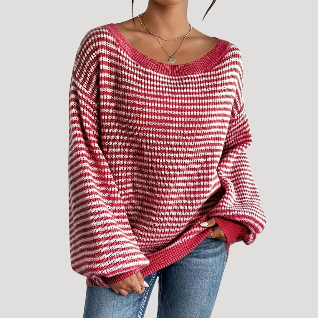 Pull Femme Élégant à Rayures et Col Bateau – Maille Oversize