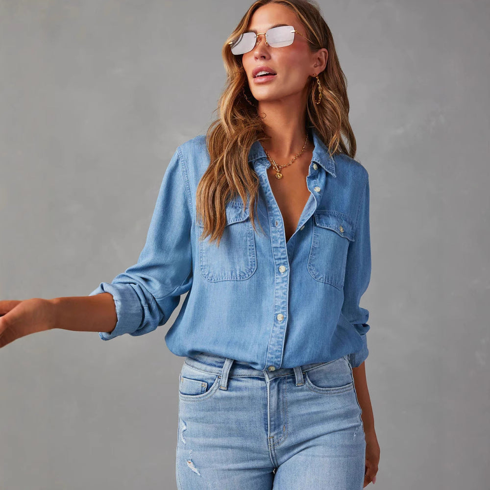Chemise en Jean Femme avec Poches Poitrine – Coupe Décontractée Élégante