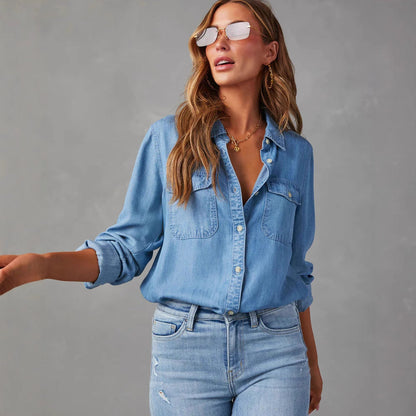 Chemise en Jean Femme avec Poches Poitrine – Coupe Décontractée Élégante