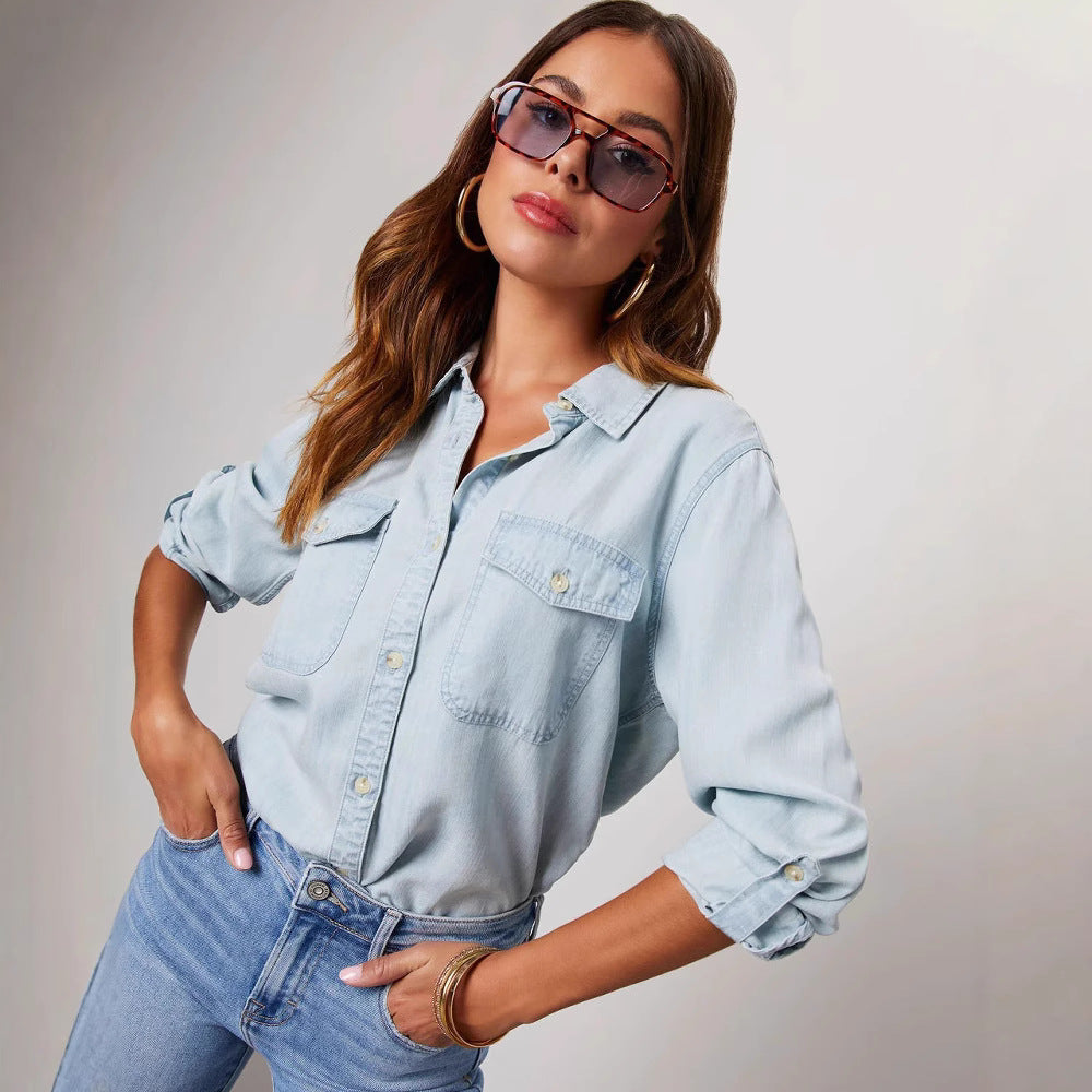 Chemise en Jean Femme avec Poches Poitrine – Coupe Décontractée Élégante