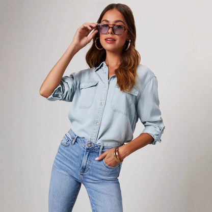 Chemise en Jean Femme avec Poches Poitrine – Coupe Décontractée Élégante