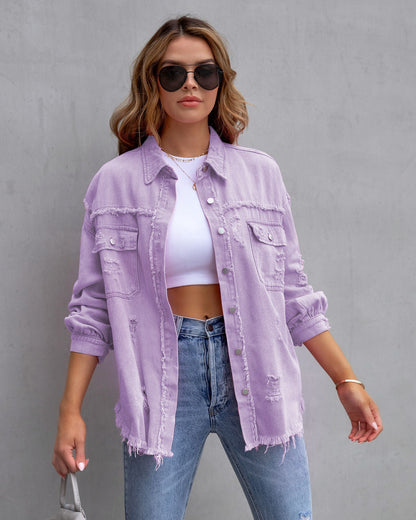 Veste en Jean Oversize Femme – Style Distressed Tendance et Élégant