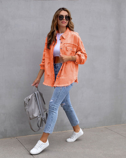 Veste en Jean Oversize Femme – Style Distressed Tendance et Élégant