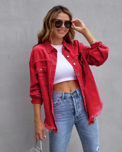 Veste en Jean Oversize Femme – Style Distressed Tendance et Élégant