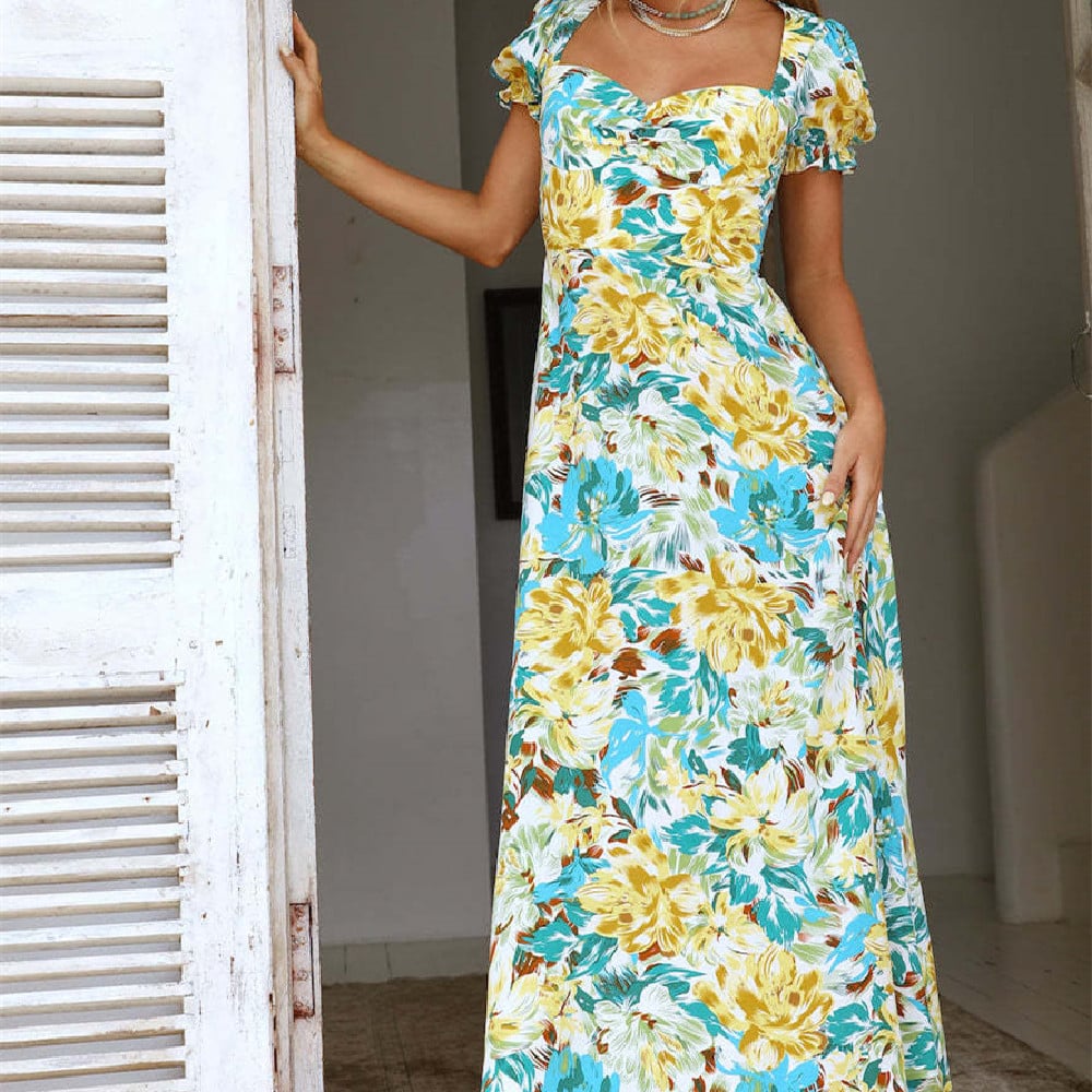 Robe longue d’été pour femme à fleurs, coupe A-line et encolure carrée