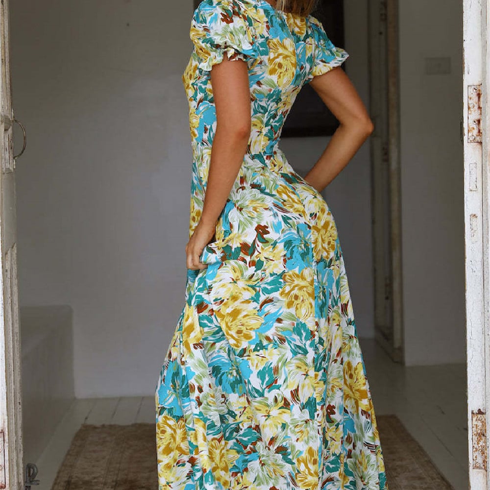 Robe longue d’été pour femme à fleurs, coupe A-line et encolure carrée