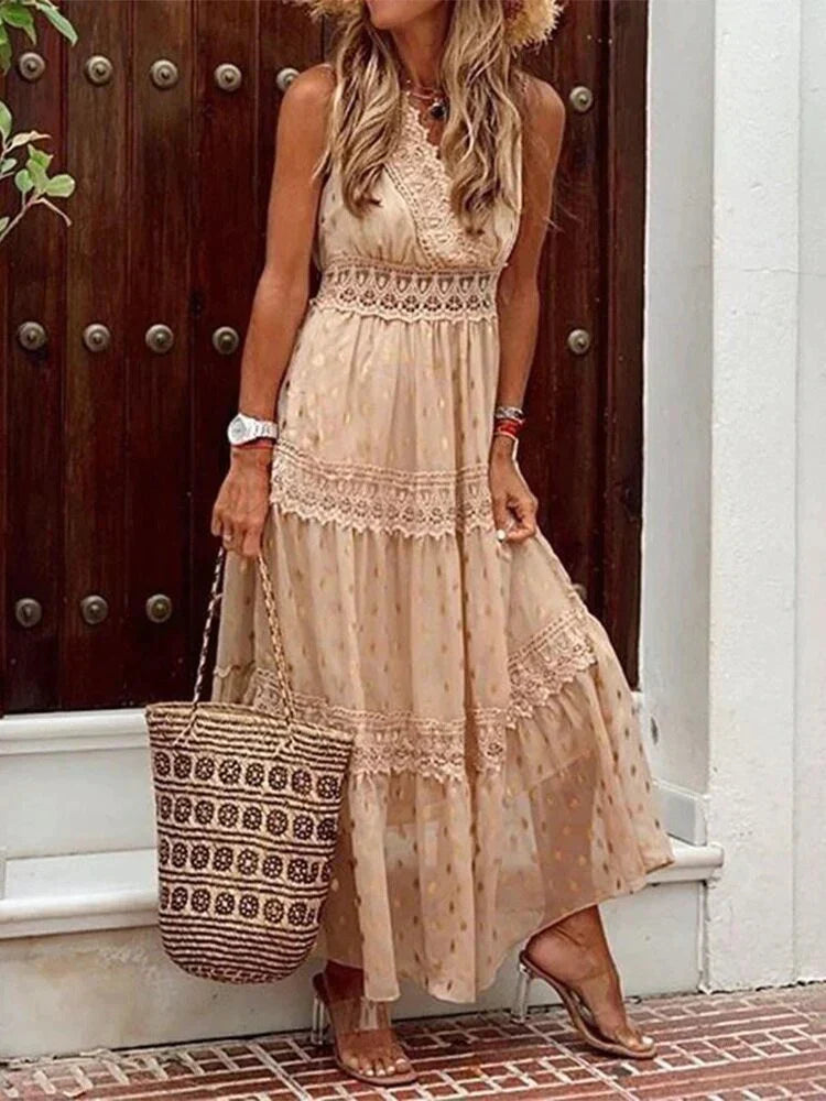 Robe longue d’été pour femme avec détails en dentelle