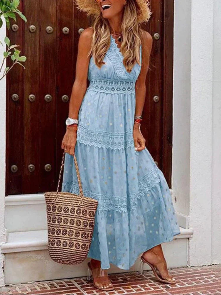 Robe longue d’été pour femme avec détails en dentelle