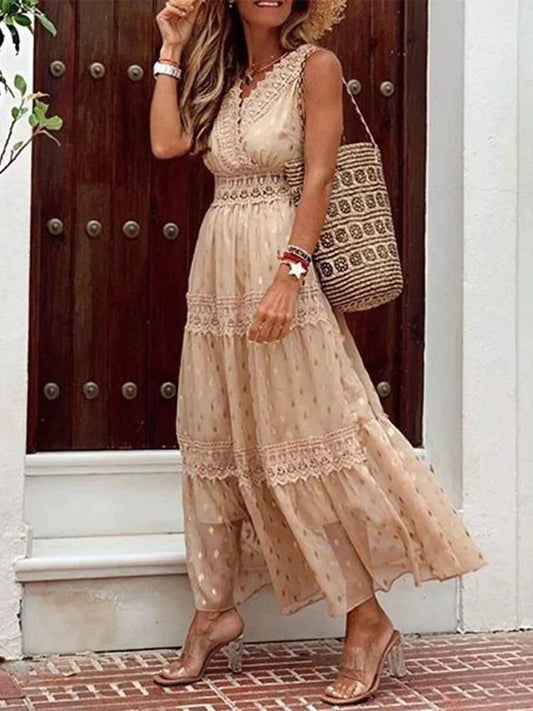 Robe longue d’été pour femme avec détails en dentelle