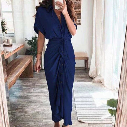 Robe Midi Satinée Femme Boutonnée Col V – Détail Taille Froncée Manches Longues