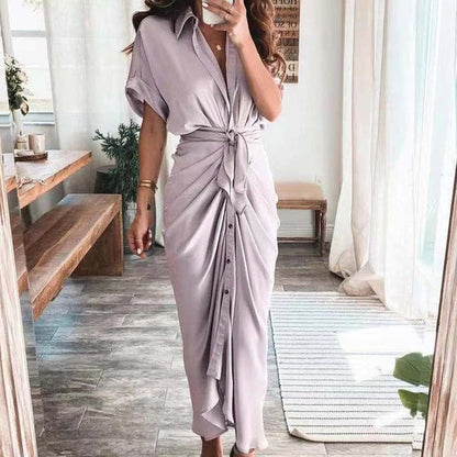 Robe Midi Satinée Femme Boutonnée Col V – Détail Taille Froncée Manches Longues