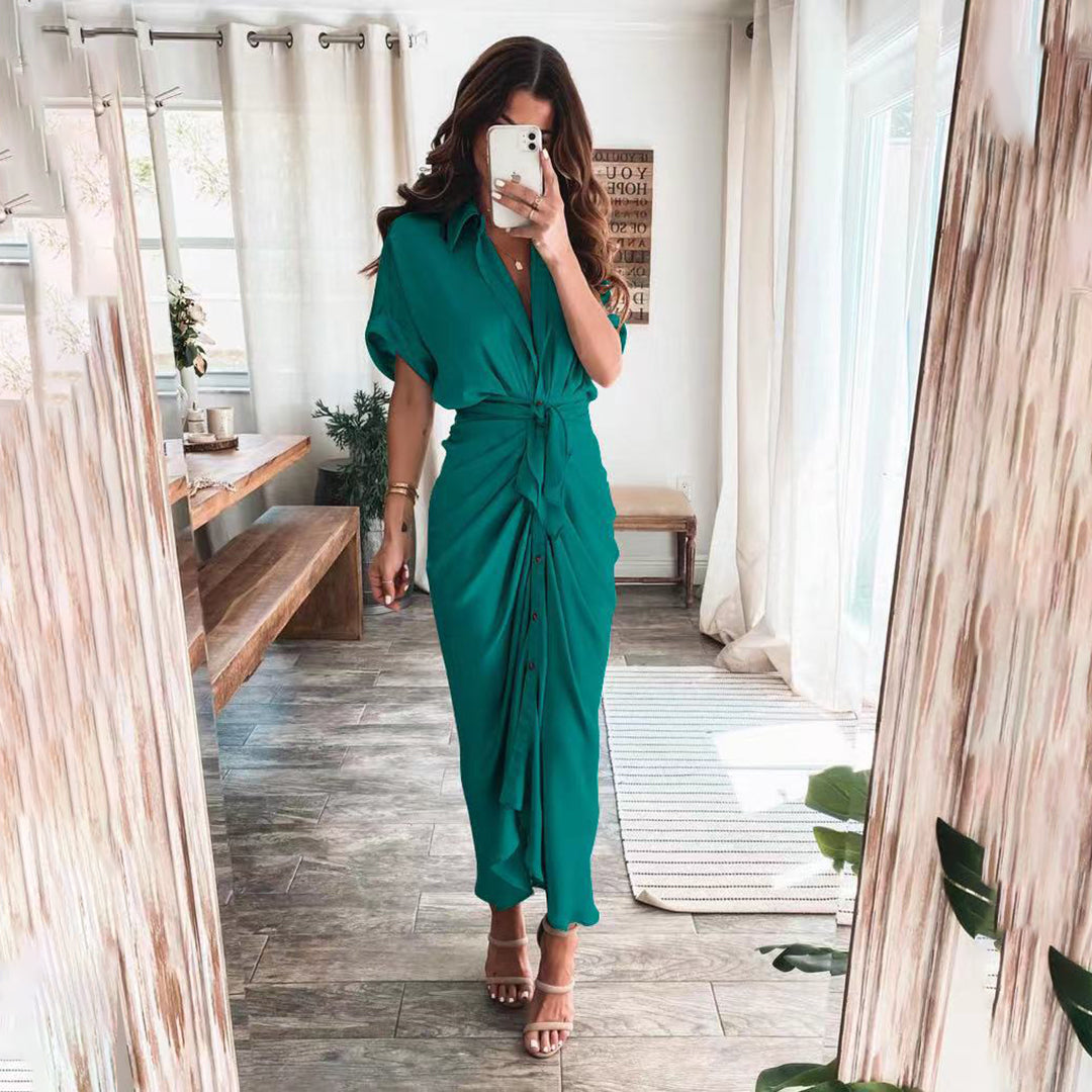 Robe Midi Satinée Femme Boutonnée Col V – Détail Taille Froncée Manches Longues