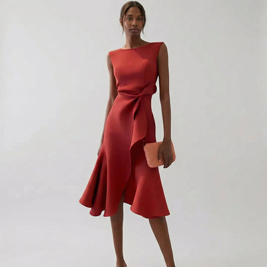 Sleeveless midi wrap dress for women – Asymmetric hem, elegant style for summer parties