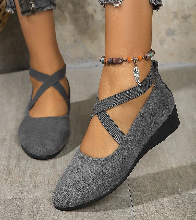 Ballerines Compensées Fermées Femme – Chaussures Confort à Brides Élastiques Croisées