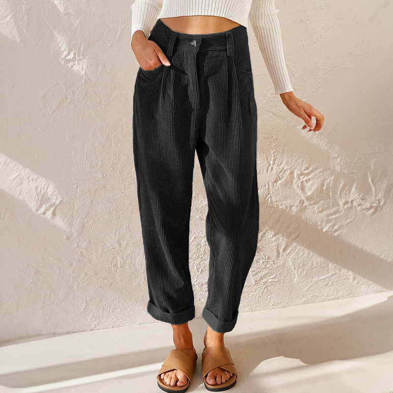 Pantalon Côtelé Taille Haute pour Femme – Pantalon Décontracté et Confortable