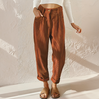 Pantalon Côtelé Taille Haute pour Femme – Pantalon Décontracté et Confortable