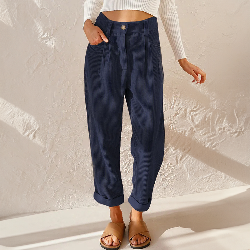 Pantalon Côtelé Taille Haute pour Femme – Pantalon Décontracté et Confortable