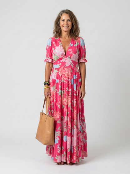 Women's Floral Midi Dress with Short Sleeves and V-Neck - Light and Feminine