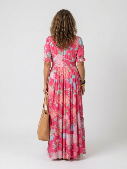 Women's Floral Midi Dress with Short Sleeves and V-Neck - Light and Feminine