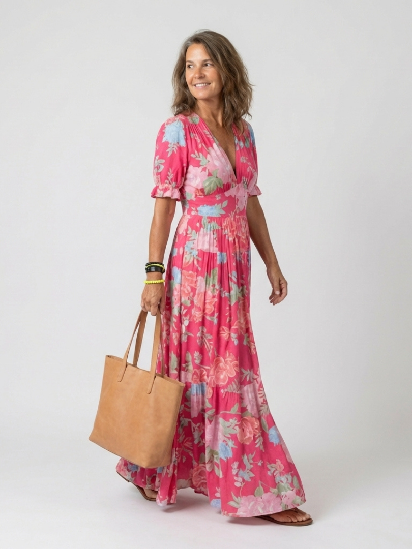Women's Floral Midi Dress with Short Sleeves and V-Neck - Light and Feminine
