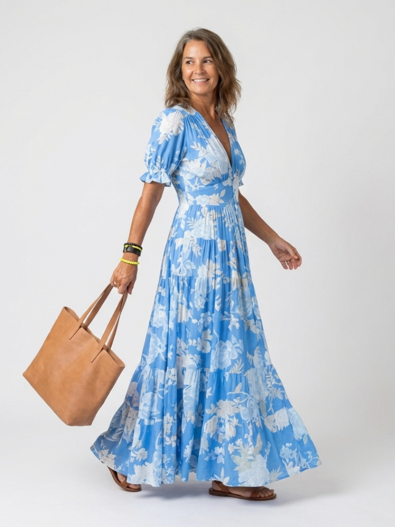 Women's Floral Midi Dress with Short Sleeves and V-Neck - Light and Feminine