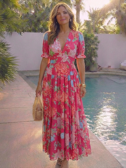 Women's Floral Midi Dress with Short Sleeves and V-Neck - Light and Feminine