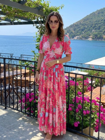 Women's Floral Midi Dress with Short Sleeves and V-Neck - Light and Feminine