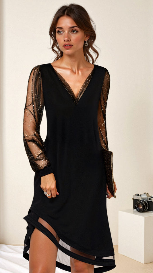 Elegant Black Mid-Length Dress for Women – Casual Cut V-Neck