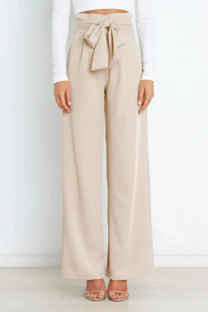 Pantalon large taille haute avec ceinture ruban pour femme