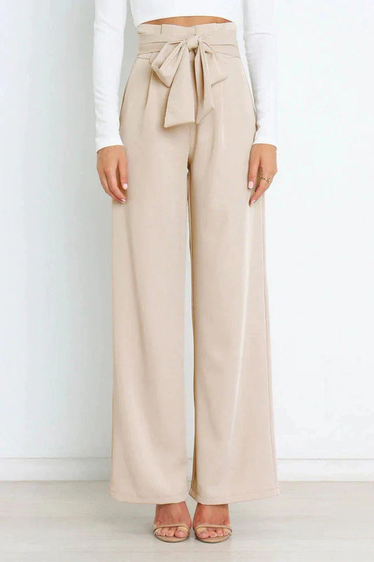 Pantalon large taille haute avec ceinture ruban pour femme
