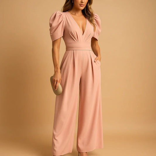 Women's jumpsuit with puff sleeves - Marked size and elegant style