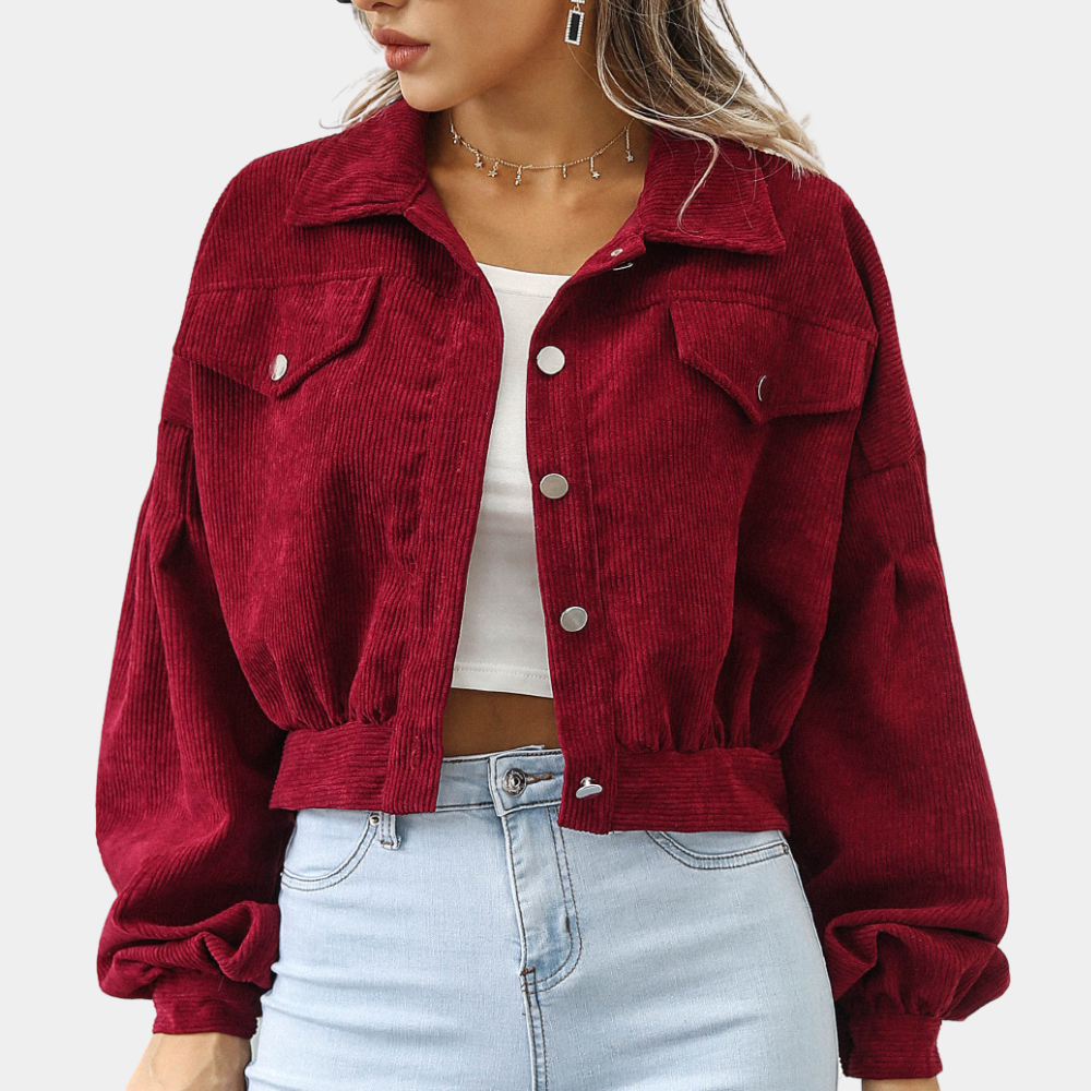 Veste courte en velours côtelé pour femme – Manteau à manches bouffantes boutonnées