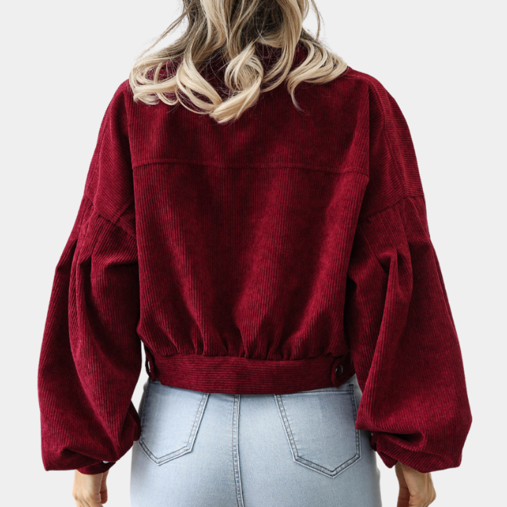 Veste courte en velours côtelé pour femme – Manteau à manches bouffantes boutonnées
