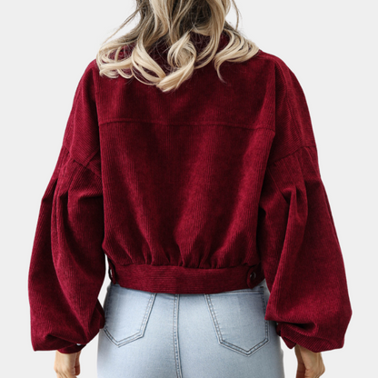 Veste courte en velours côtelé pour femme – Manteau à manches bouffantes boutonnées