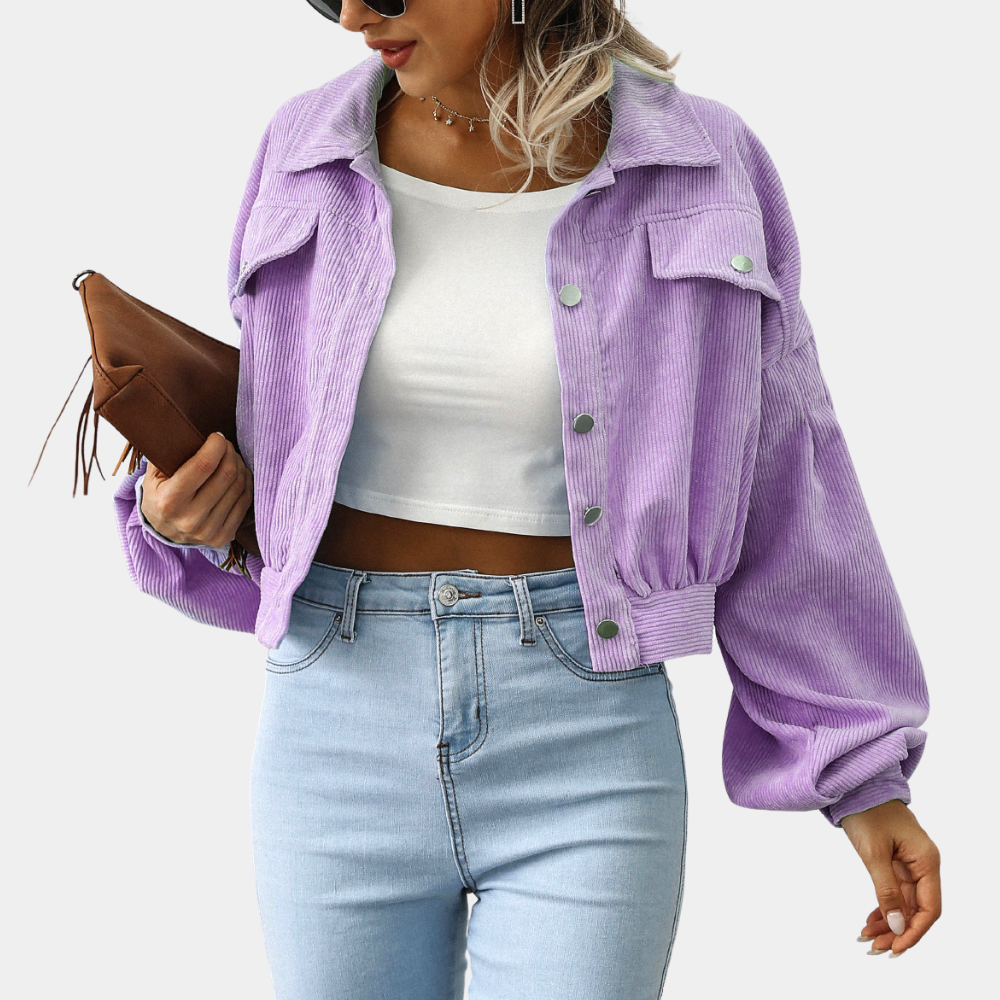 Veste courte en velours côtelé pour femme – Manteau à manches bouffantes boutonnées