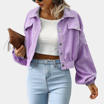Veste courte en velours côtelé pour femme – Manteau à manches bouffantes boutonnées