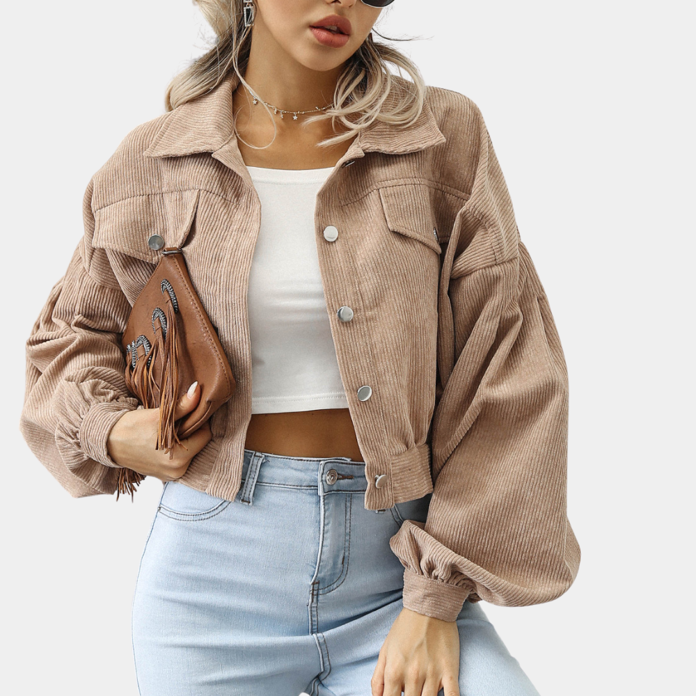 Veste courte en velours côtelé pour femme – Manteau à manches bouffantes boutonnées