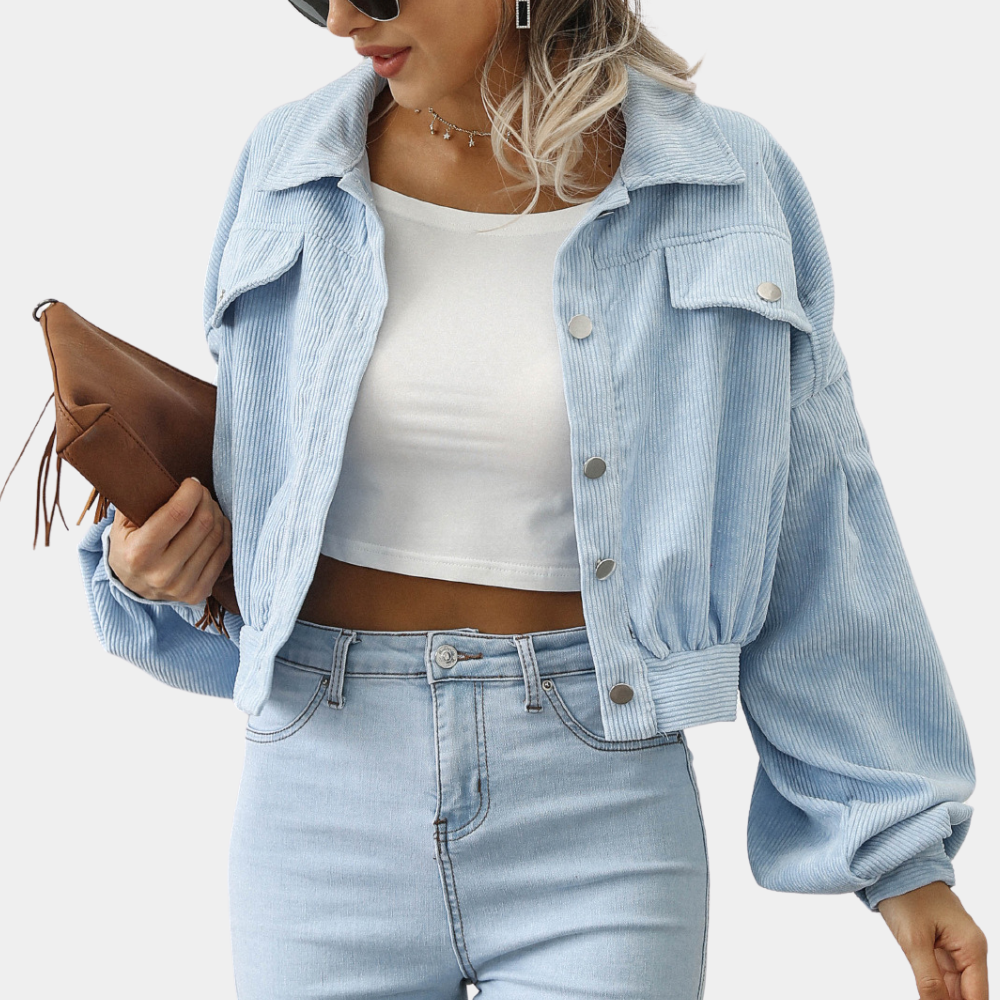 Veste courte en velours côtelé pour femme – Manteau à manches bouffantes boutonnées