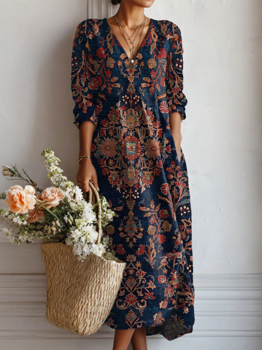 Vintage Floral Mid-Length Dress for Women – Comfortable Casual with V-Neck