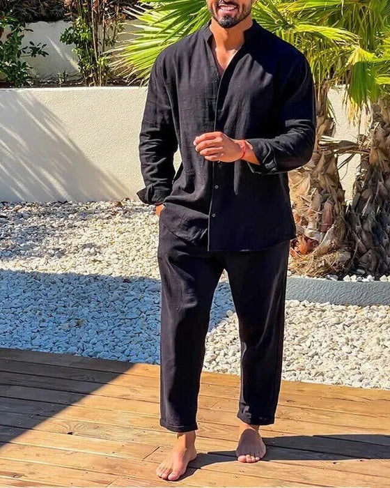 Ensemble décontracté en lin pour homme – Chemise à col montant et pantalon