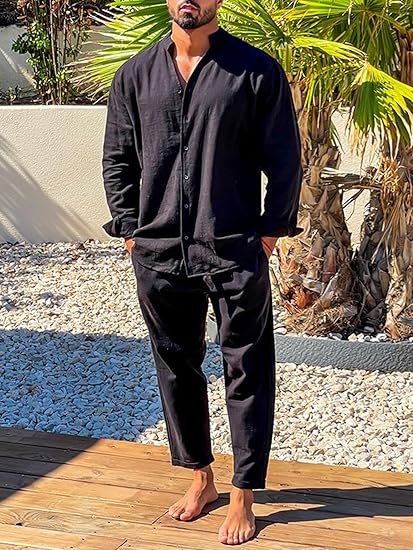 Ensemble décontracté en lin pour homme – Chemise à col montant et pantalon