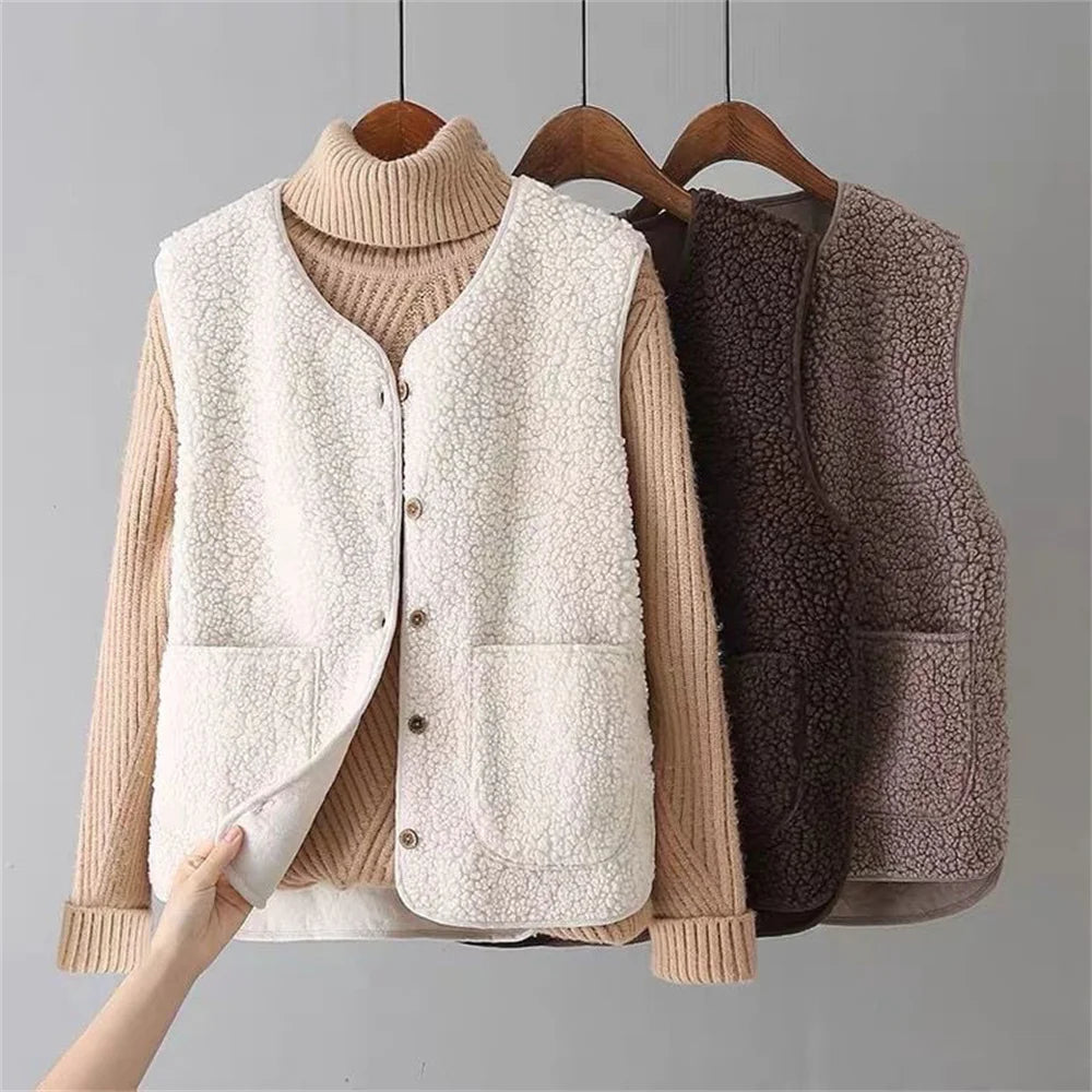 Gilet en Peluche Sans Manches Classique Femme – Couche Élégante et Confortable