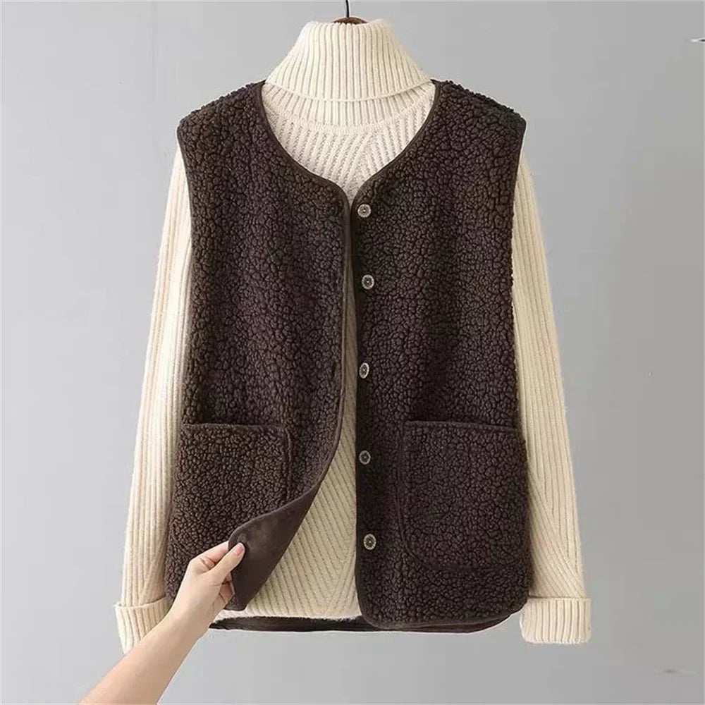 Gilet en Peluche Sans Manches Classique Femme – Couche Élégante et Confortable