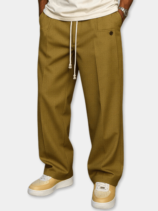 Men's Cotton Pants Relaxed Fit – Wide Plain Leg with Drawstring
