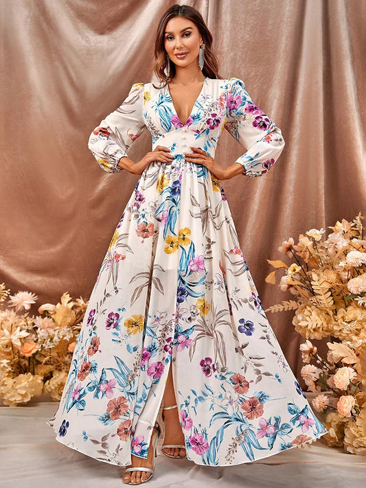 Elegant Floral Maxi Dress for Women – Deep V-Neck with Long Sleeves and Side Slit