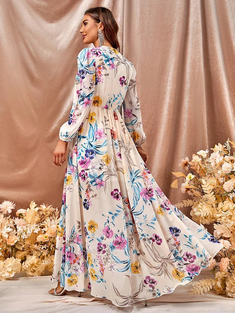 Robe Maxi Florale Élégante Femme – Col V Profond avec Manches Longues et Fente Latérale