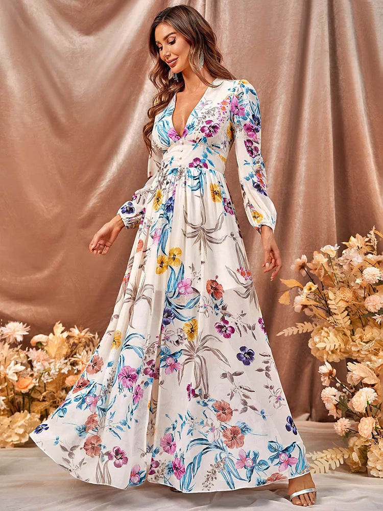 Robe Maxi Florale Élégante Femme – Col V Profond avec Manches Longues et Fente Latérale